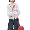 Korean Style Sweet Lace-Up Knitted Sweater Cardigan with Bow, Contrast Colors - Chic Short Top for Women, Autumn and Winter.