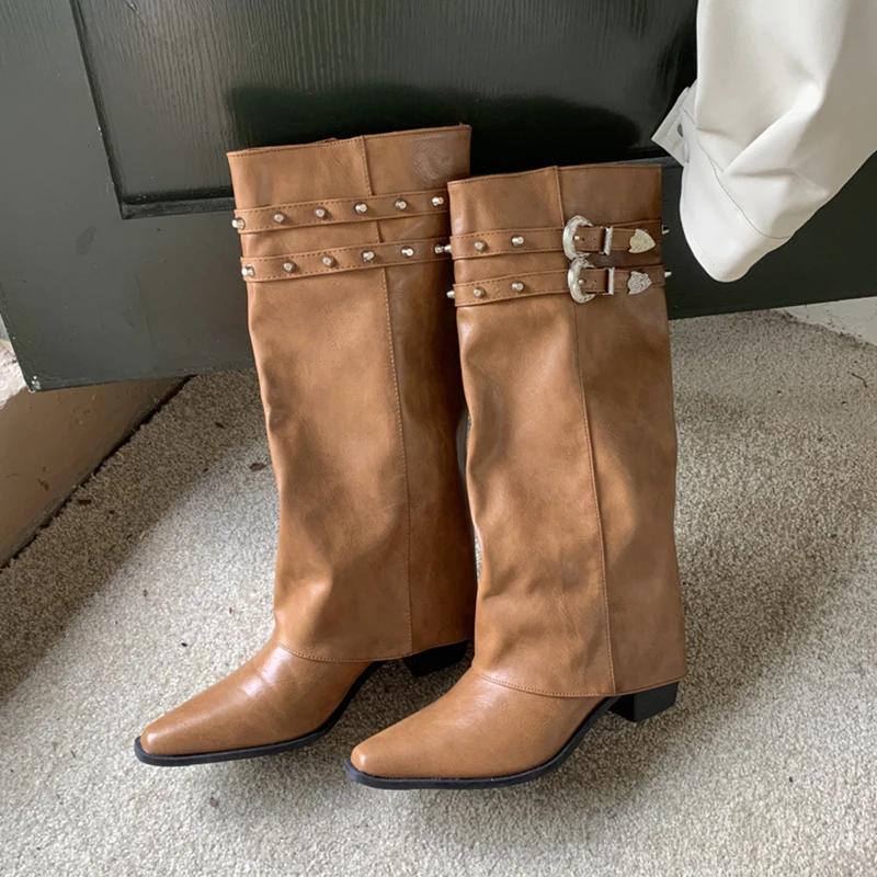 

Зимние винтажные женские западные сапоги до колена, модные туфли с пряжкой на ремне, на толстом каблуке, лаконичные длинные женские боты 35