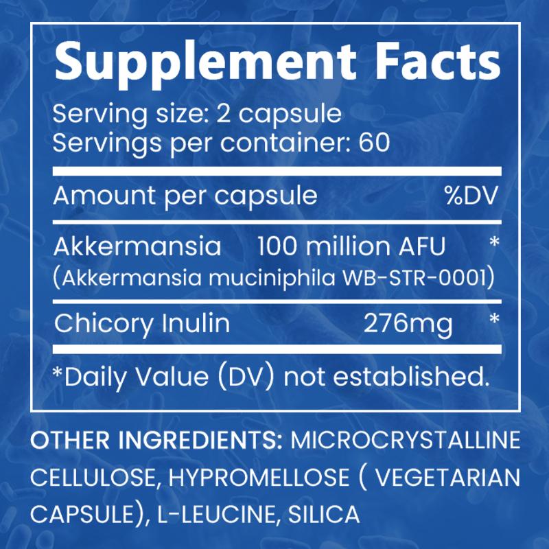 Integratore Akkermansia 100 Milioni Afu, Con Inulina di Cicoria, 120 Capsule per Flacone