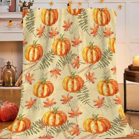 Thanksgiving Flannel Blanket - Maple Leaf & Pumpkin Design Throw for Sofa Decoration