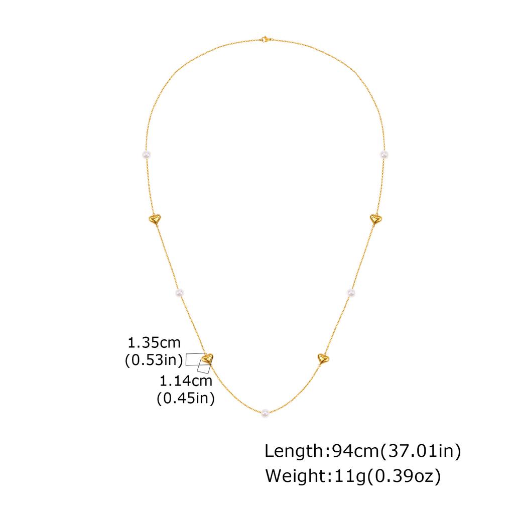 Stackable Stainless Steel Long Chain Necklace Imitation Pearl Heart Charm Sweater Chain, Fashion Aesthetic Jewelry for Women