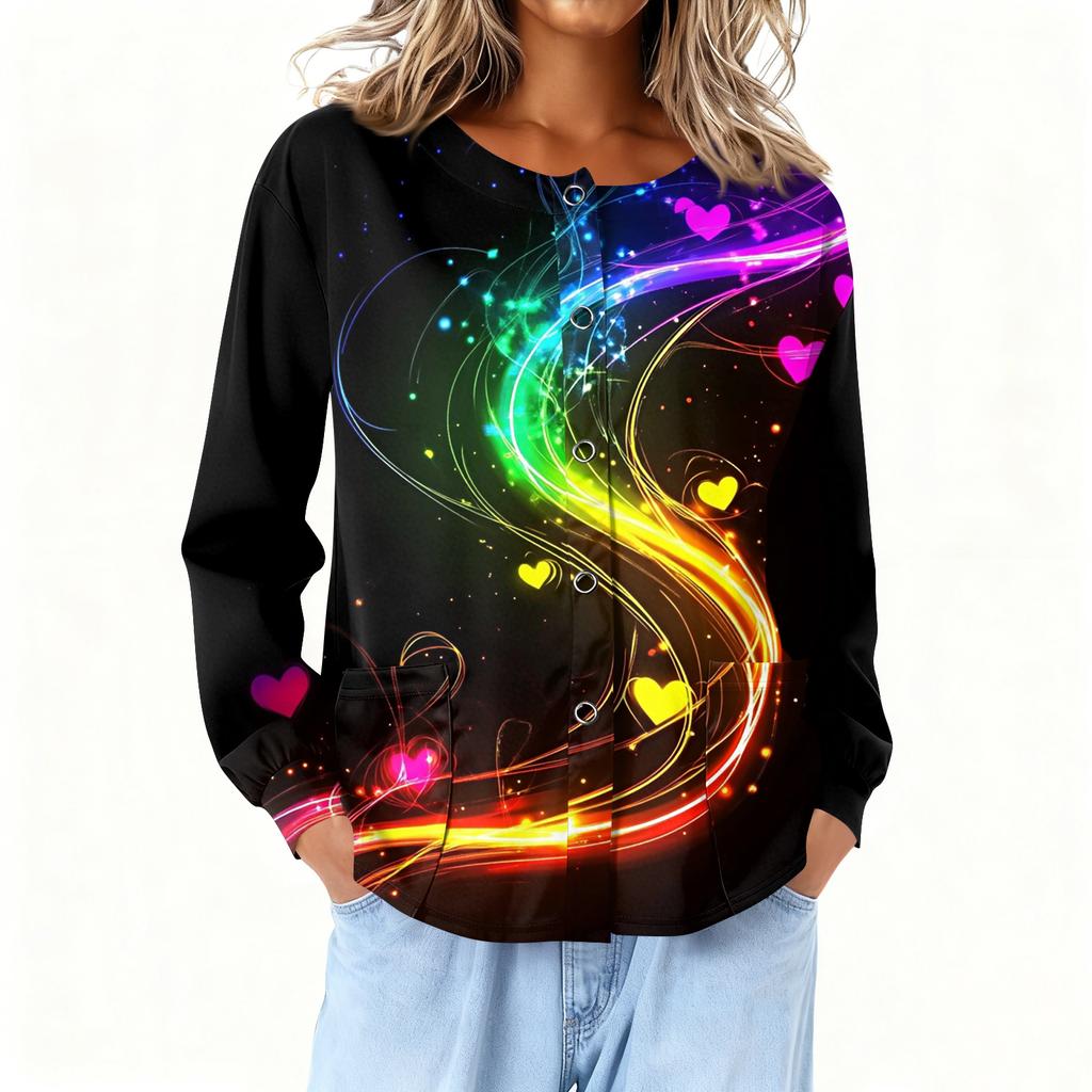 Women Long Sleeve Printed Pocket Working Stand Collar Single-breasted Protective Overalls Cardigan Jacket Top