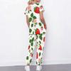 Women Plus Size Cutout Neck Short Sleeve Ginkgo Leaf Printed Scrub Set White Green Pocket Top Long Pants Two Piece