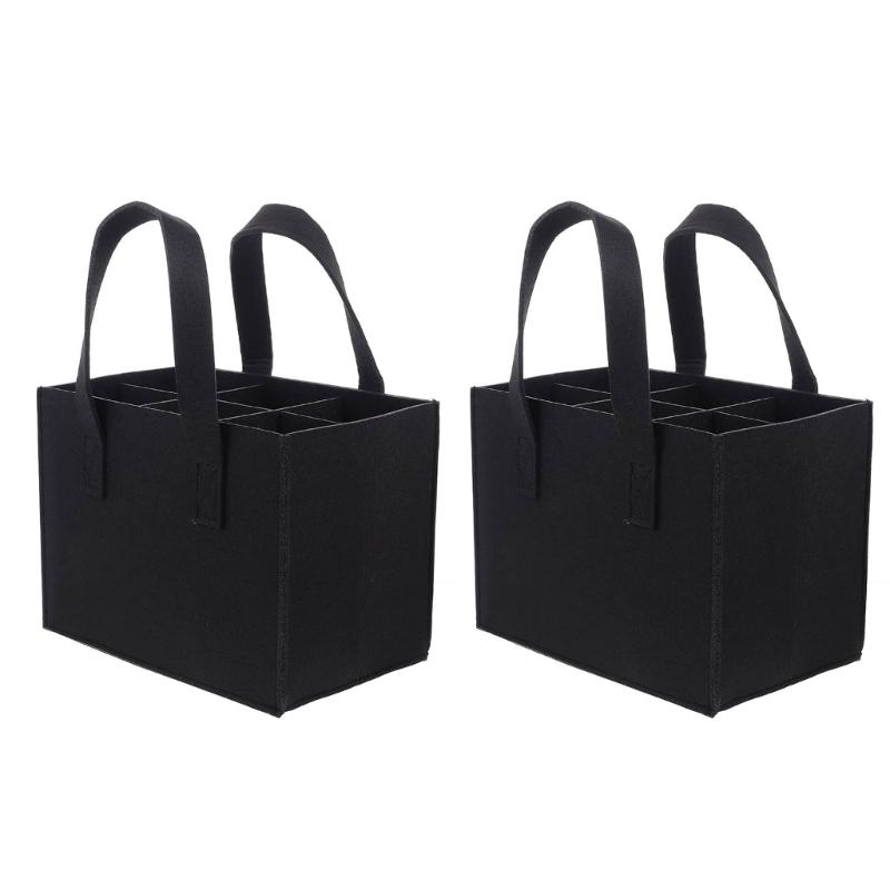 

2Pieces Reusable Carriers For 6 Wine Bottles Felt With Ergonomic Carrying Handle Wine Holders Bag with Dividers чорний
