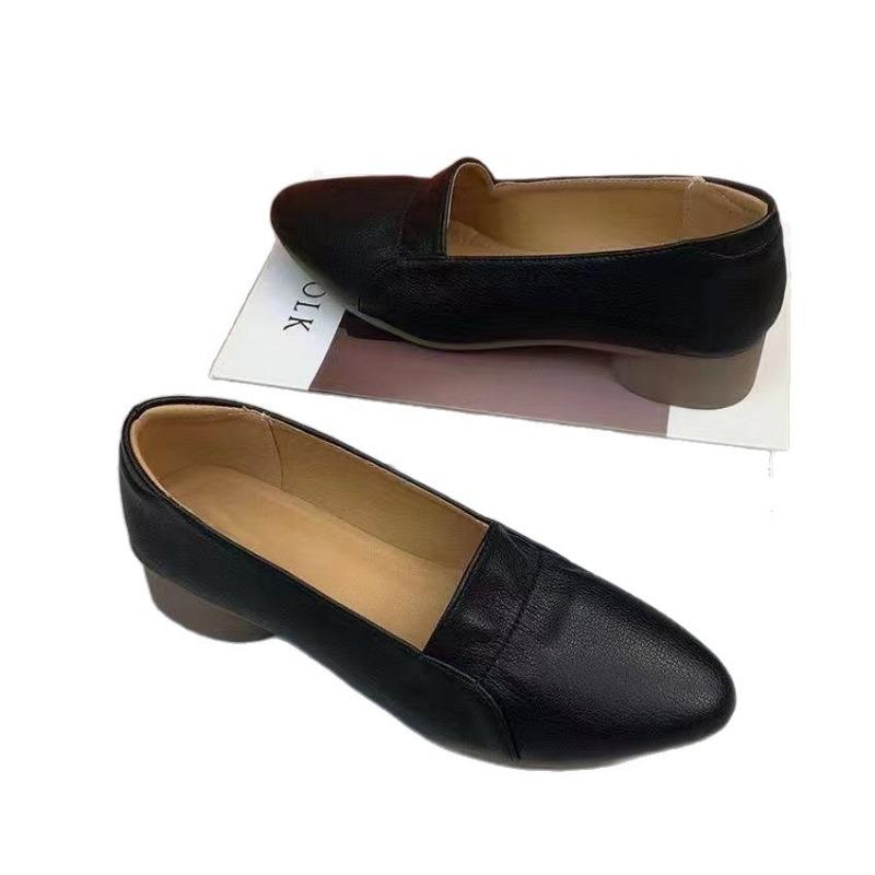 Summer thick heel single shoes women's spring new soft sole not tired feet women's leather shoes shallow mouth low heel one pedal