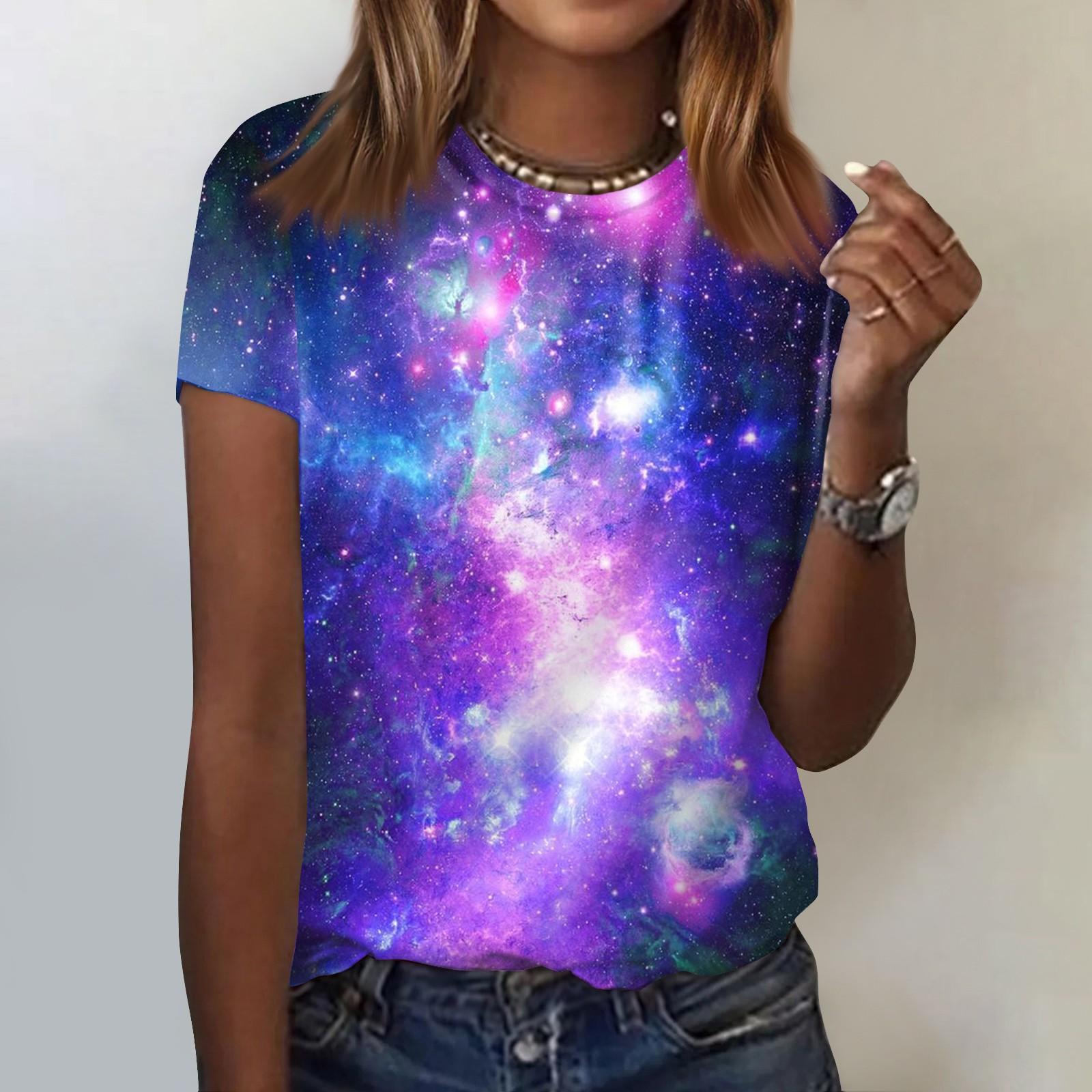 

Женская модная повседневная футболка с коротким рукавом и круглым вырезом с принтом Galaxy L