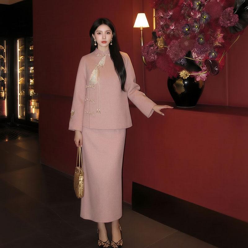 New Chinese style foreign style fashion suit women's autumn and winter new embroidered disc button woolen coat + skirt NX111
