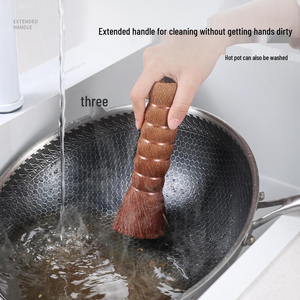 Natural Long-Handled Palm Pot Brush - Gentle on Hands, Ideal for Kitchen Dishwashing
