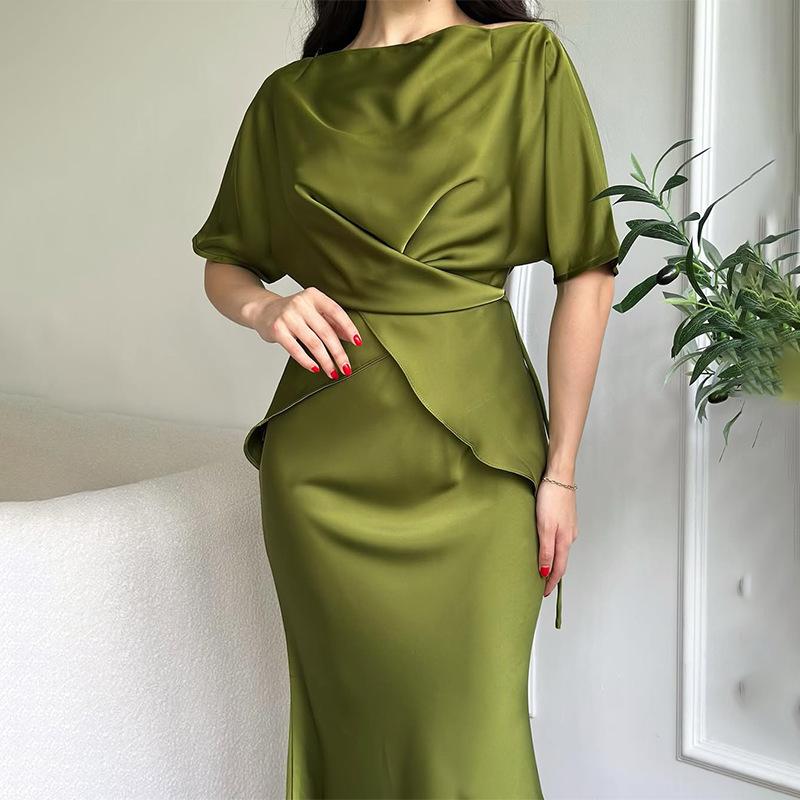Europe, America, Amazon Cross-border Women's Clothing New Solid Color Short-sleeved Crew Neck Top, Hip-wrapped Long Skirt Casual Suit