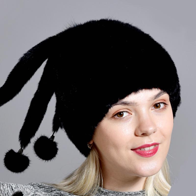 Real Mink Fur Hats Women's Winter Natural Geniune Fur Warm Knitted Hats with 3 Balls Handsewn Fashionable Skullies Beanies Hat