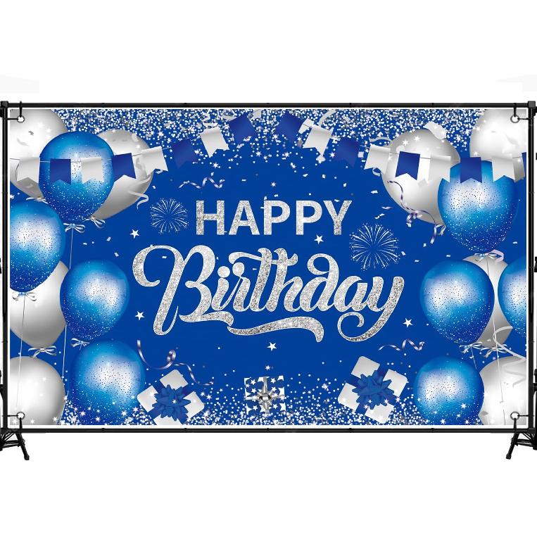 Purple Silver Happy Birthday Backdrop Banner, 6x3.6ft Purple Silver Backdrop Sign, Birthday Party Supplies Photo Background for Children Men Women.