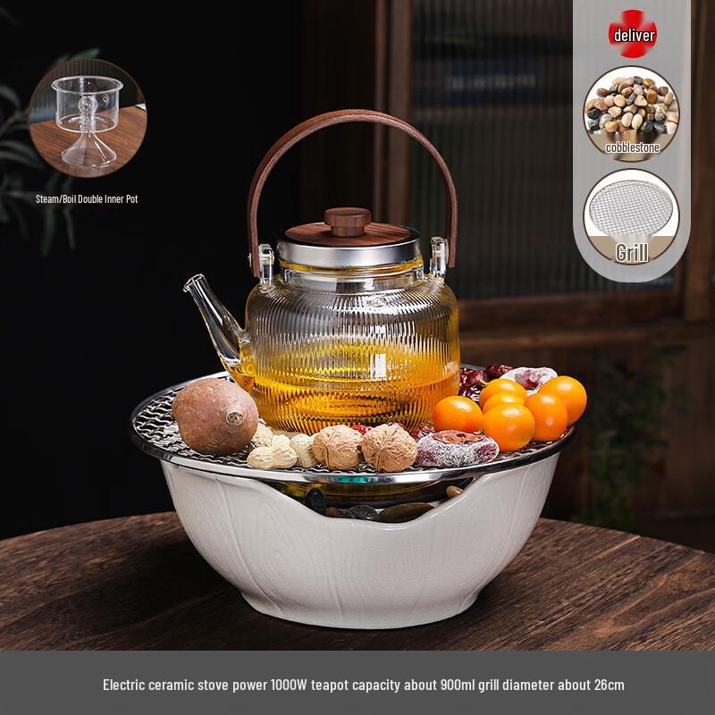 

Walnut Handle Tea Pot & White Brazier Set