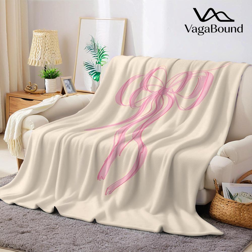 Blush Ribbon Bow Flannel Blanket Warm Soft Halloween Christmas Couch Warm Cozy Decorative Decor Gift for All Season