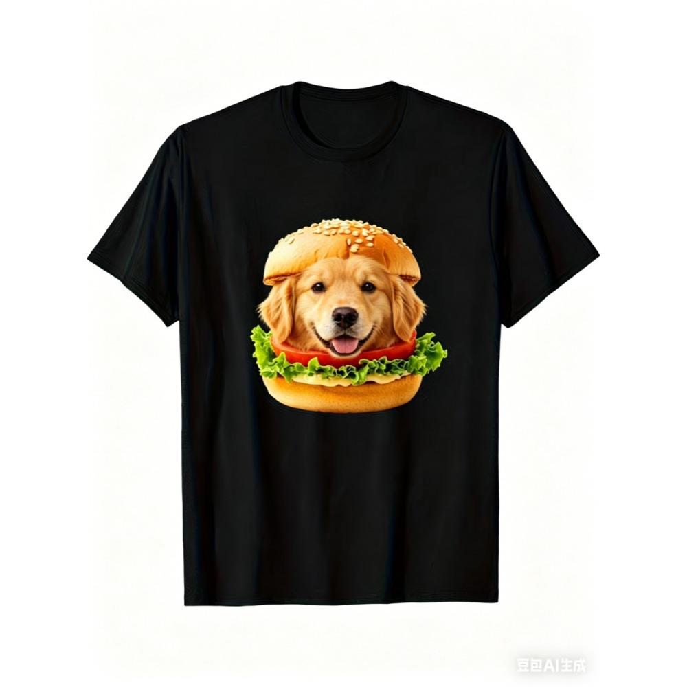 Fun Dog Burger T-shirt Cute Dog Burger Pattern T-shirt Kawaii Animal Food Gift Top Women's Short Sleeve T-shirt
