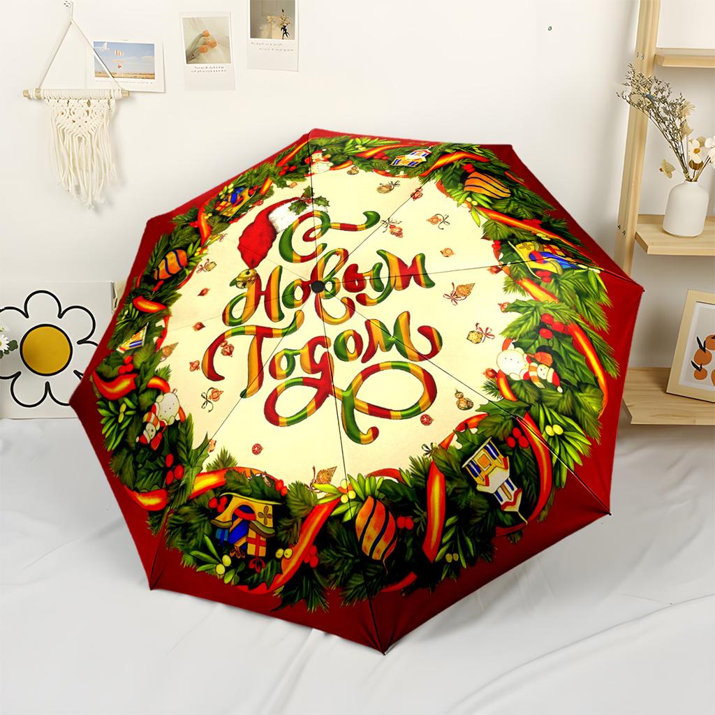 Merry Christmas Wreath Automatic Umbrella with 8-Rib Lightweight All-Season Travel Fashion Lovers Luxury Gift for Birthday Christmas Wedding