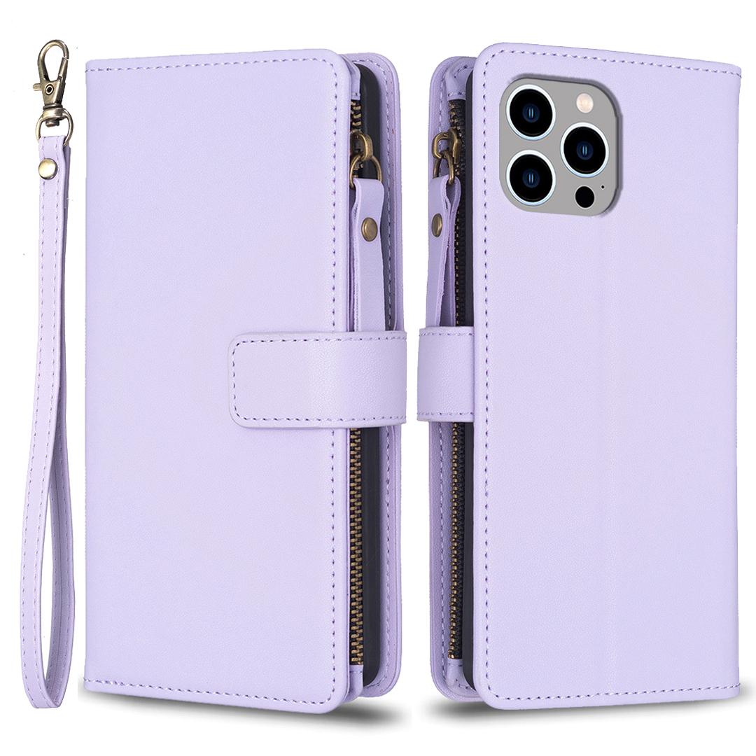 

BF Style-19 For iPhone 15 Pro Max PU Leather Phone Case Flip Wallet Stand Cover with Zipper Pocket Purple