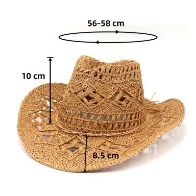 New Summer Cowboy Hat Handwoven Straw Western Vintage Breathable Lace Hollow Design Lightweight Outdoor Jazz Hat for Women Men