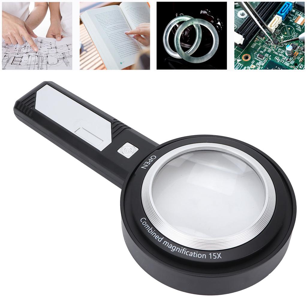 Handheld Magnifying Glass 6X/15X Reading Illuminated Lighted Magnifier with 6 LED Lights for Seniors Reading