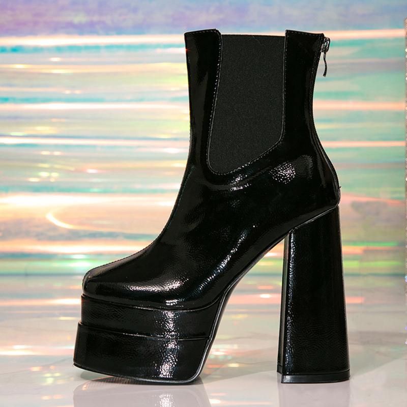 Fashion Liyke Gothic Mode Doppelplateau Klobige Stiefel Für Frau Sexy Stripper Pole Dance Schuhe Reißverschluss Elastisch Winter 14CM Hohe Absätze