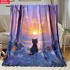 Cute Cat Watching Sunset Forest Flannel Blanket Soft Cozy Throw Blanket for Bed Sofa Couch Office Home Decor Customizable