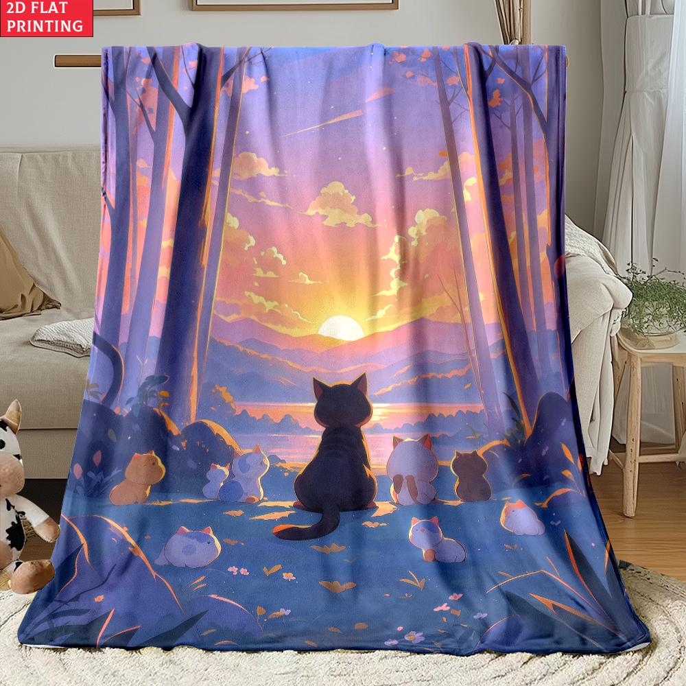 Cute Cat Watching Sunset Forest Flannel Blanket Soft Cozy Throw Blanket for Bed Sofa Couch Office Home Decor Customizable