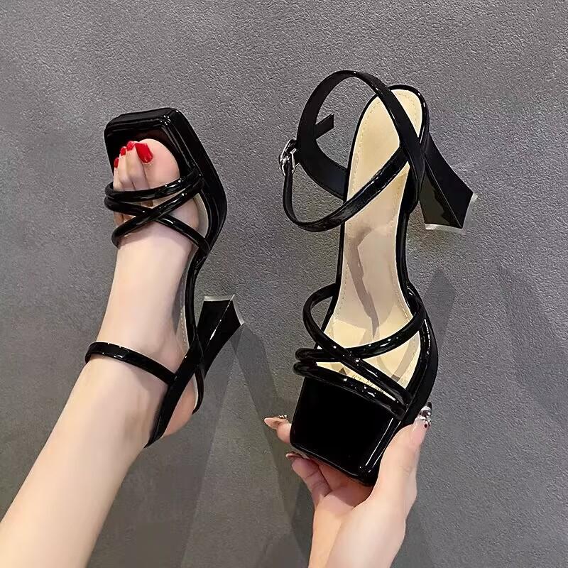 Fashion Square Heel Sandals Summer New Square Head Open Toe Thin Belt Waterproof Platform Anti-slip Wear-resistant High Heels