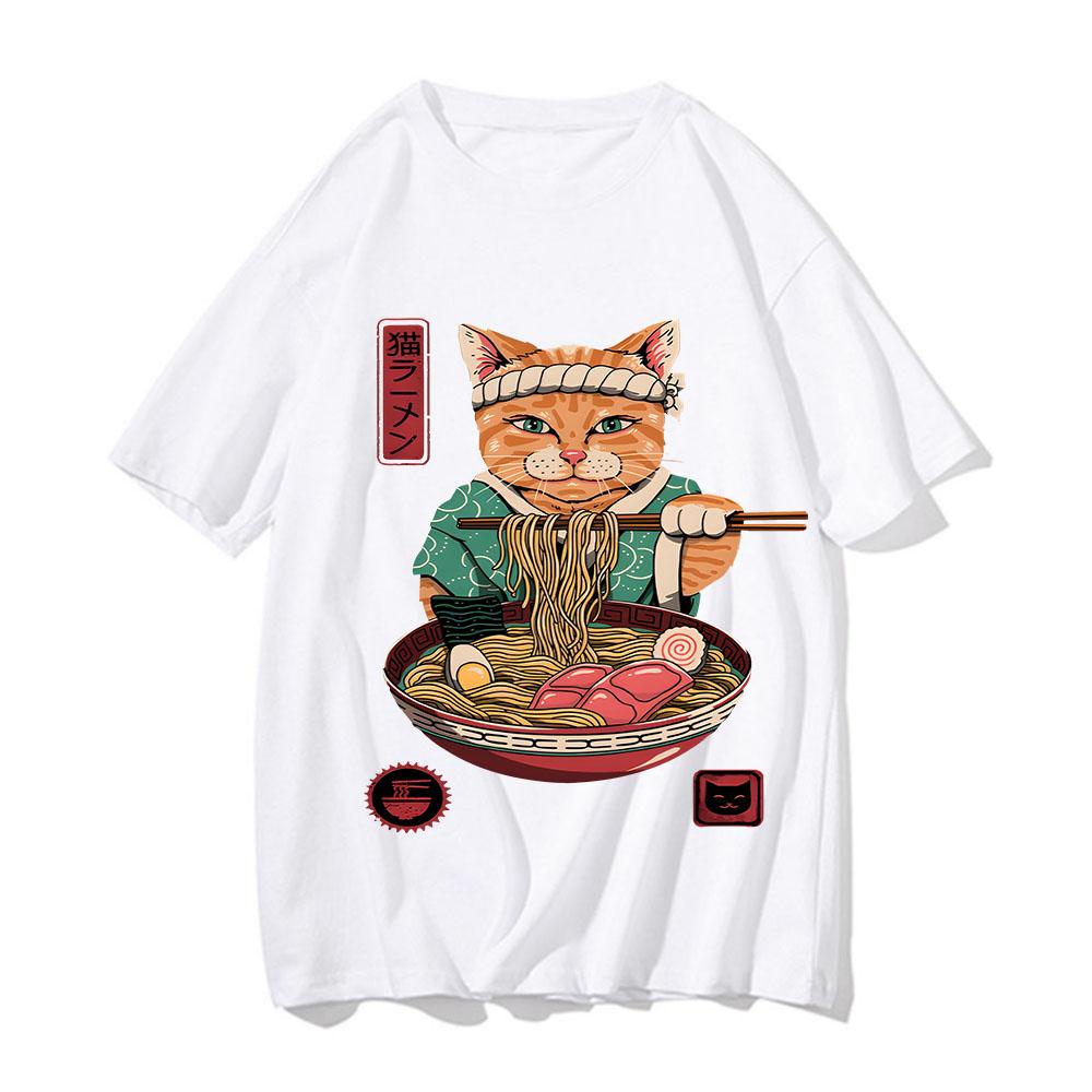 Cute Ramen T Shirts for Men Japanese Cat T-shirt Summer Cotton Short Sleeve Graphic T Shirts Unisex Clothing Cartoon