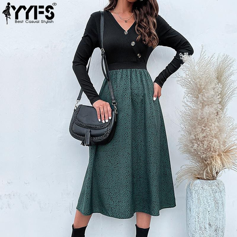 YYFS Női Divat Tavasz Ősz Pöttyös Nyomtatás Hosszú Ujjú V-nyakú Magas Derék Alkalmi Ruhák