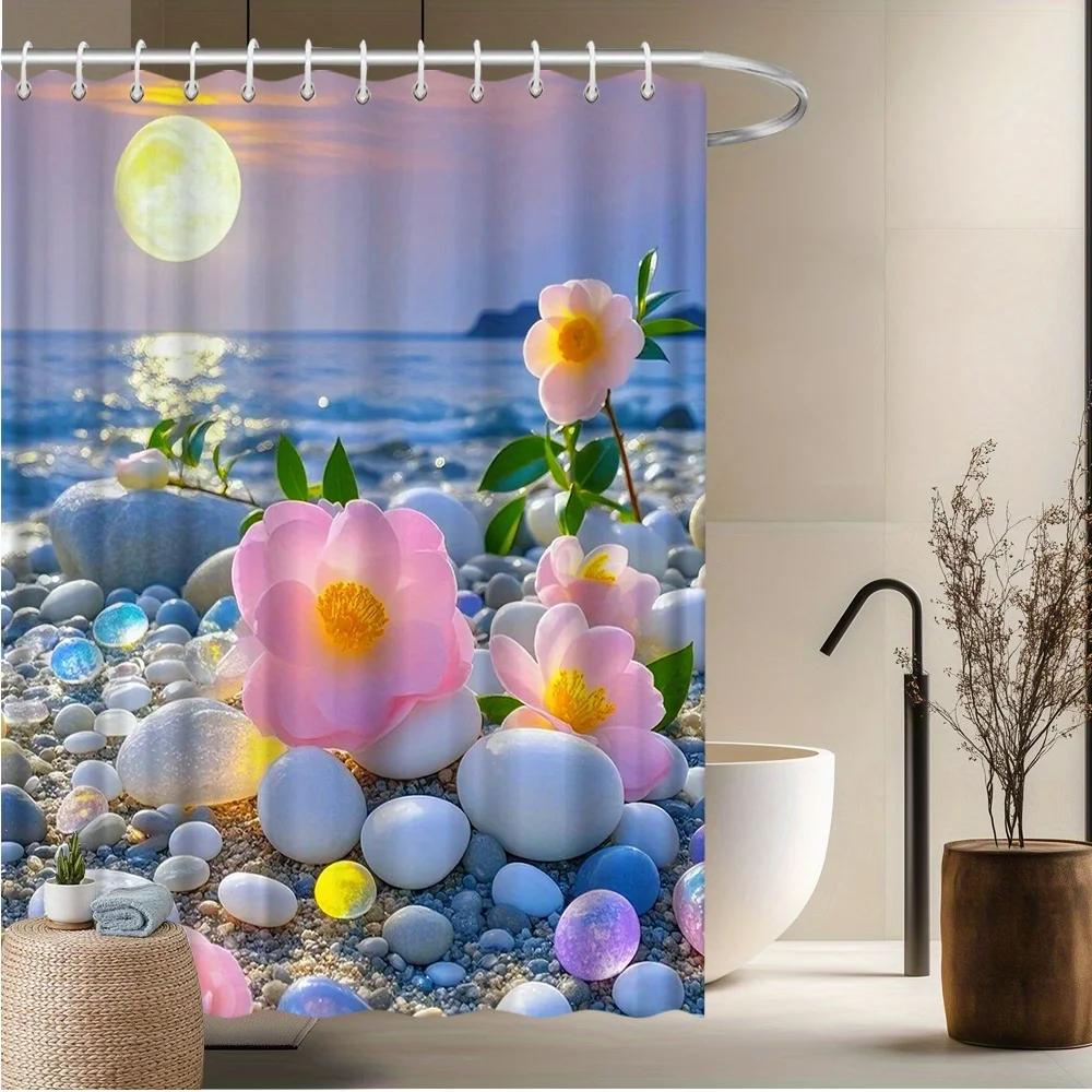 

Flower Beach Shower Curtain: Pink Camellias, Pebbles Ocean Design, Fade-Resistant, Polyester, 12 Hooks, Bathtub/Bathroom Decor W90xH180cm