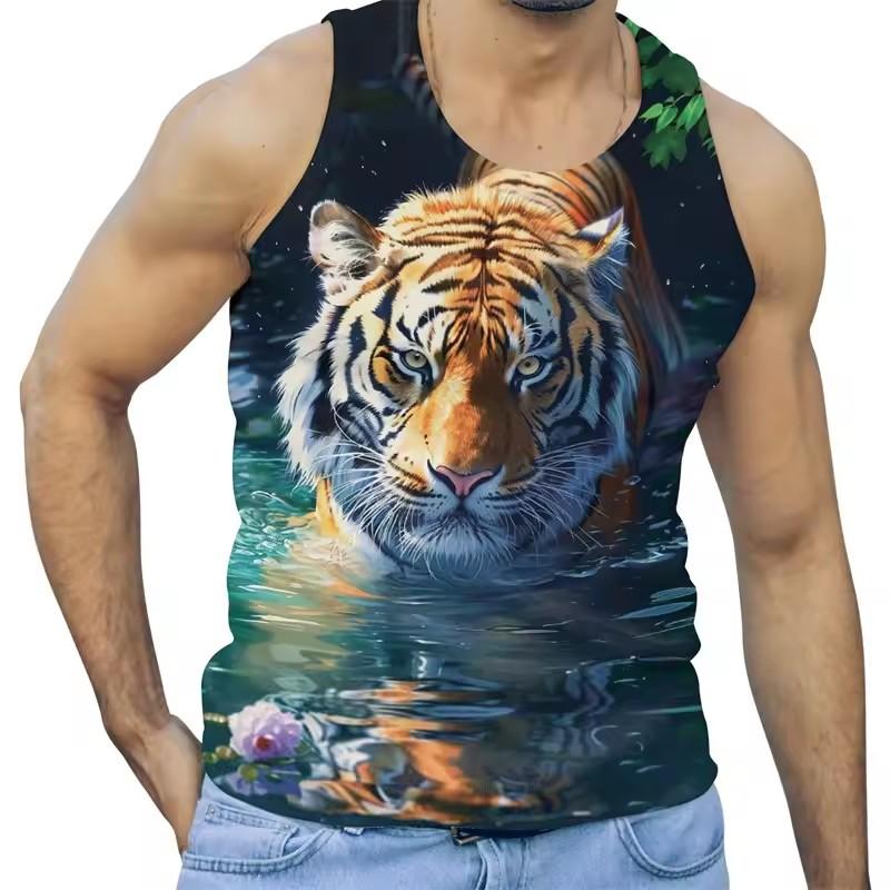 Trend Tiger Graphic Tank Tops Men Fashion Summer Sleeveless 3D Animals Printed Men Vest Cool Streetwear Oversized Tees Tops