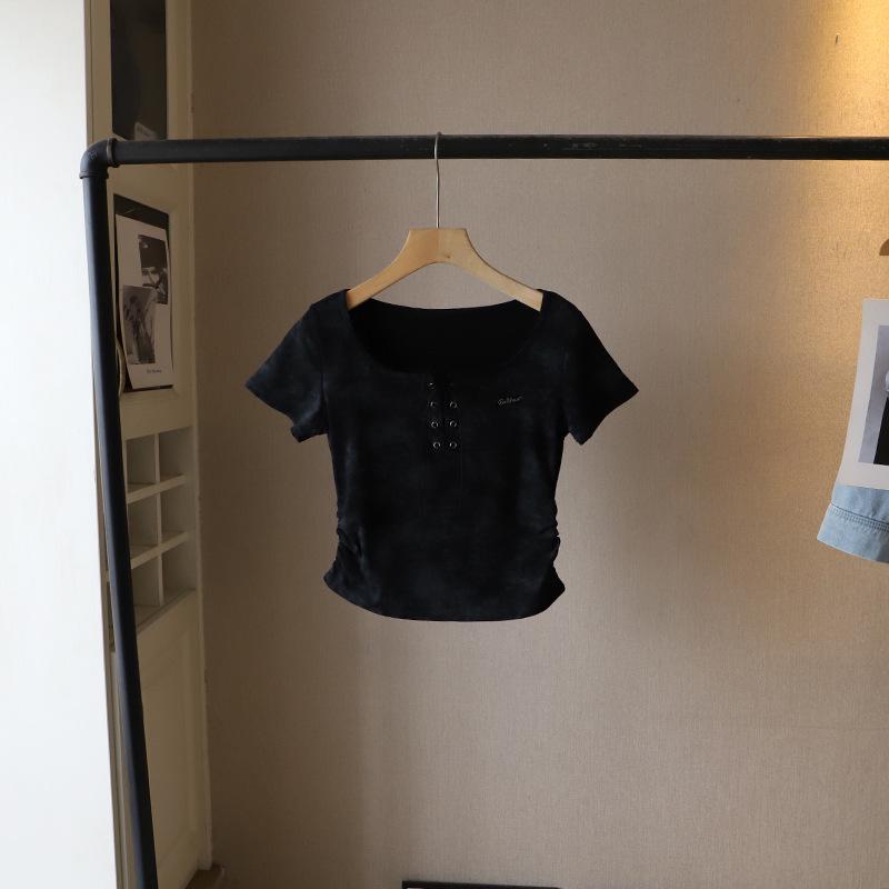 

Би Чжэн 2025 Корейский топ с U-образным вырезом, тай-дай, со сборками, облегающий, с коротким рукавом, женский One Size чёрный