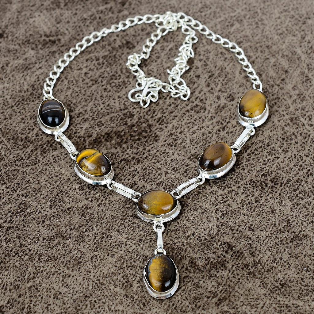 Tiger Eye Gemstone Handmade 925 Sterling Silver Jewelry Necklace 18" KKG-400