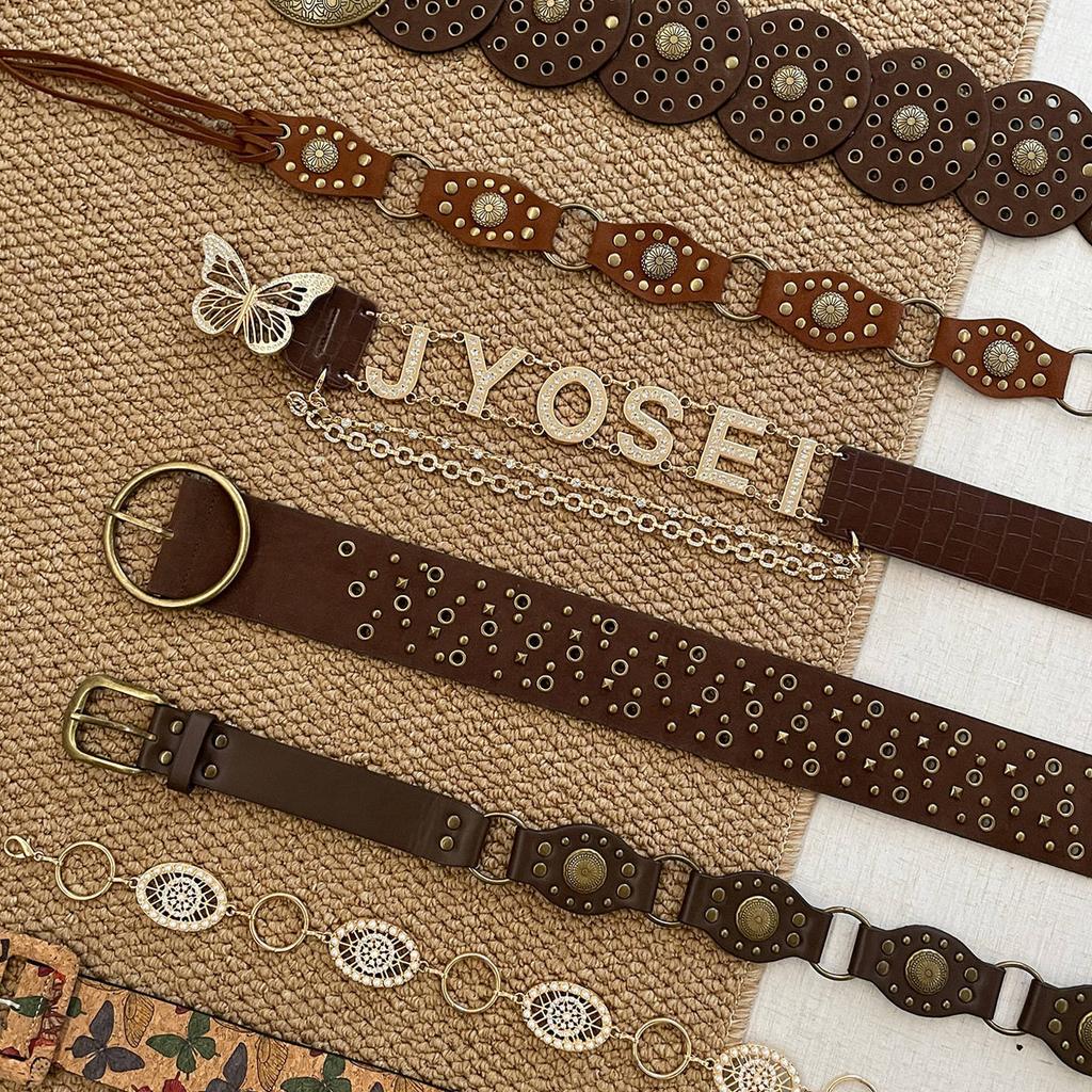 Vintage Western Rivet Belt Female Ethnic Bohemian Belt with Skirt Pants Belt Waist Seal Accessories Brown