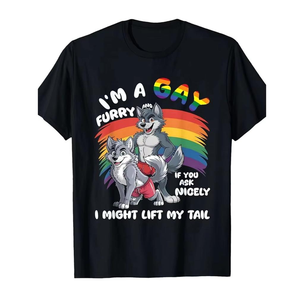 UnisexS Fun Gay Furry Pride Month TShirt Rainbow Fox and Dog Pattern I Am Gay Furry Slogan Comfortable Neck Short Sleeve Top