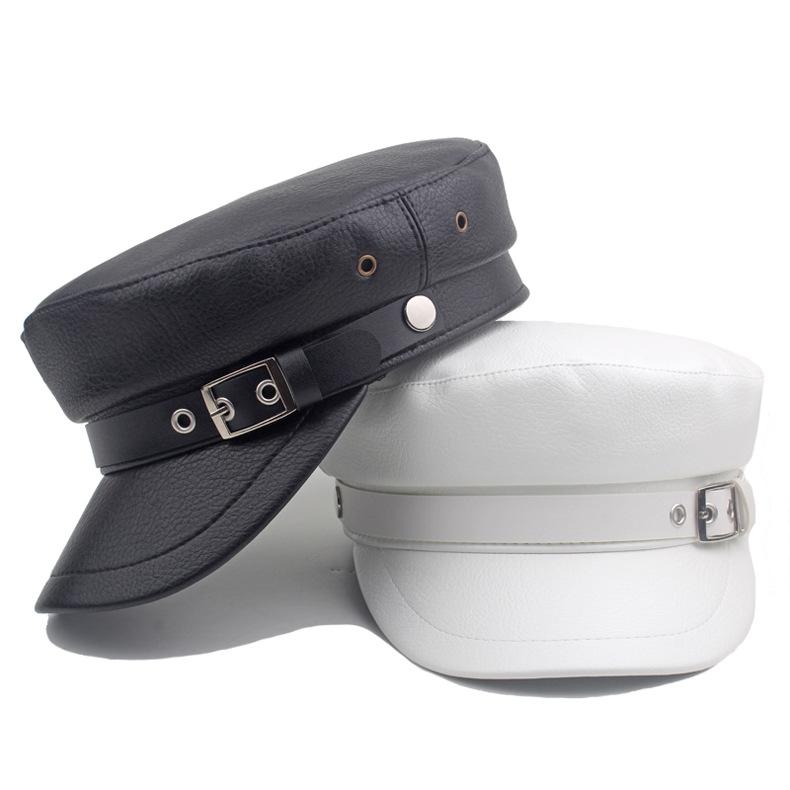 Leather Female Painter's Cap Autumn Winter Navy Cap Military Caps Captain Cap Flat Top Hat