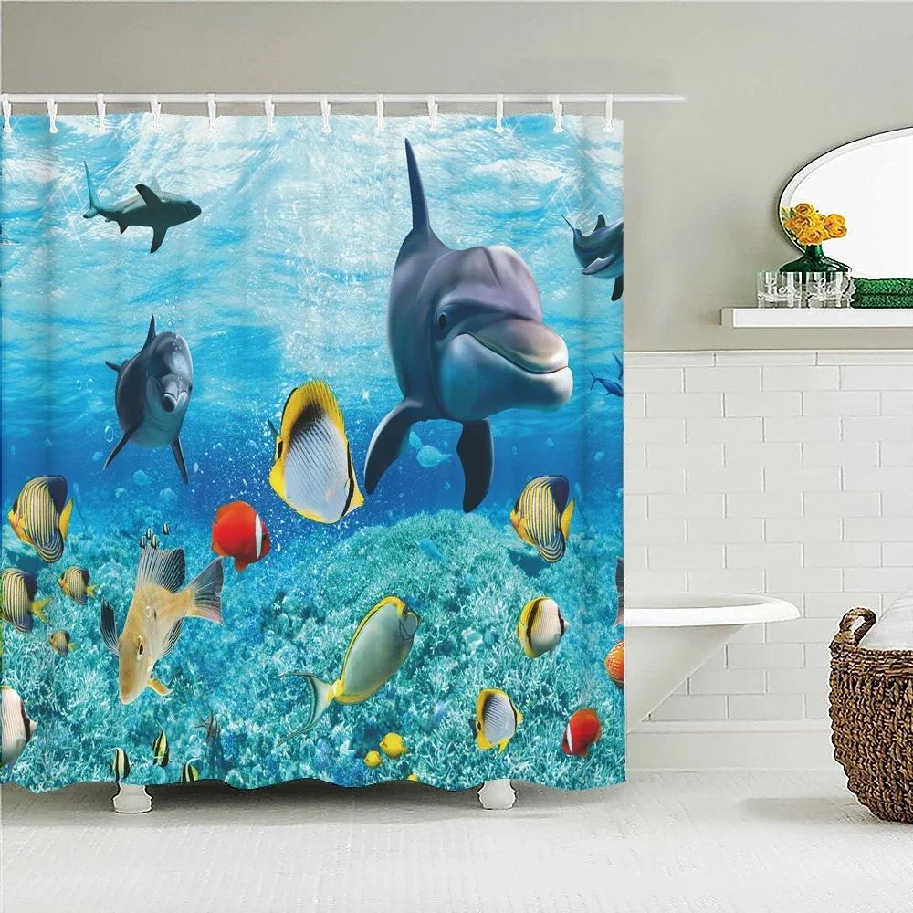 Underwater World Fish Turtle 3d Shower Curtains Ocean Dolphin Sea Scenery Fabric Waterproof Bath Curtain Bathroom Decor Screen