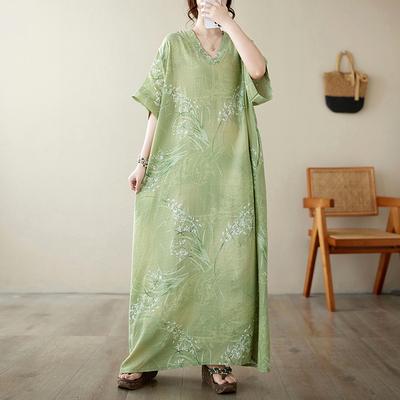 DIMANAF 2024 Plus Size Dress Women Summer V-Neck Sundress Bohemian Floral Print Loose Big Oversize Maxi Dress 9047