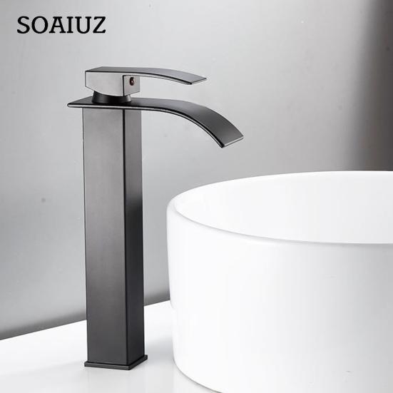 Brushed Nickel Waterfall Bathroom Faucet Modern Single Handle Ceramic Valve Core Sink Faucet with Hose Deck Plate (High Style)