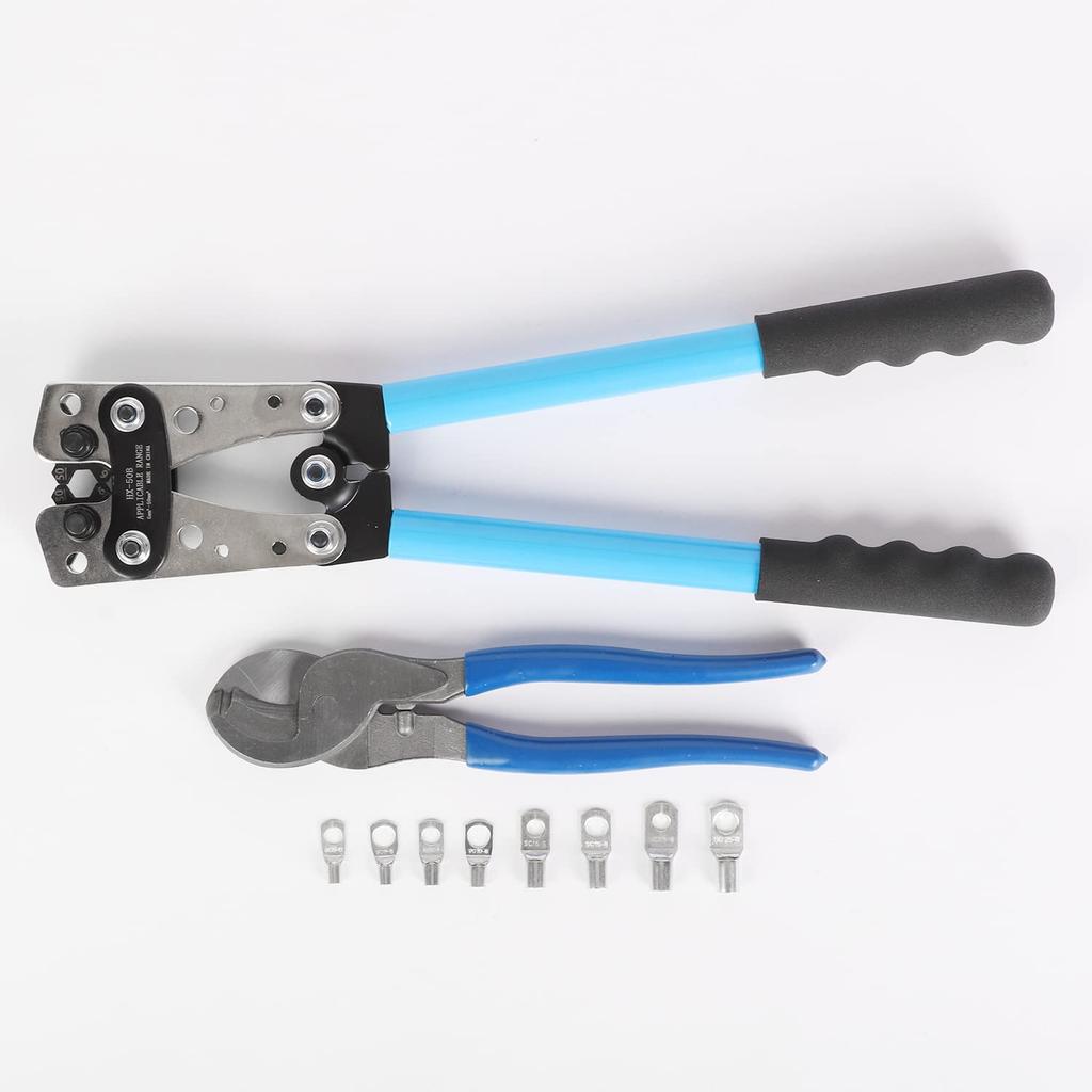 Aleawol Wire Terminal Crimping Tool Set with Crimping Cable and 60 Bare Crimp Compatible with 3-Piece Pliers, Cutter, Terminals, 6/10/16/25/35/50mm²