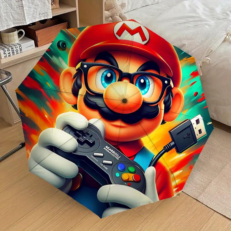 1pc Mario Gamer Superhero Automatic Folding Umbrella - Compact 8-Rib Design, Durable Plastic & Iron, Lightweight for Outdoor Daily Use,  a0929195