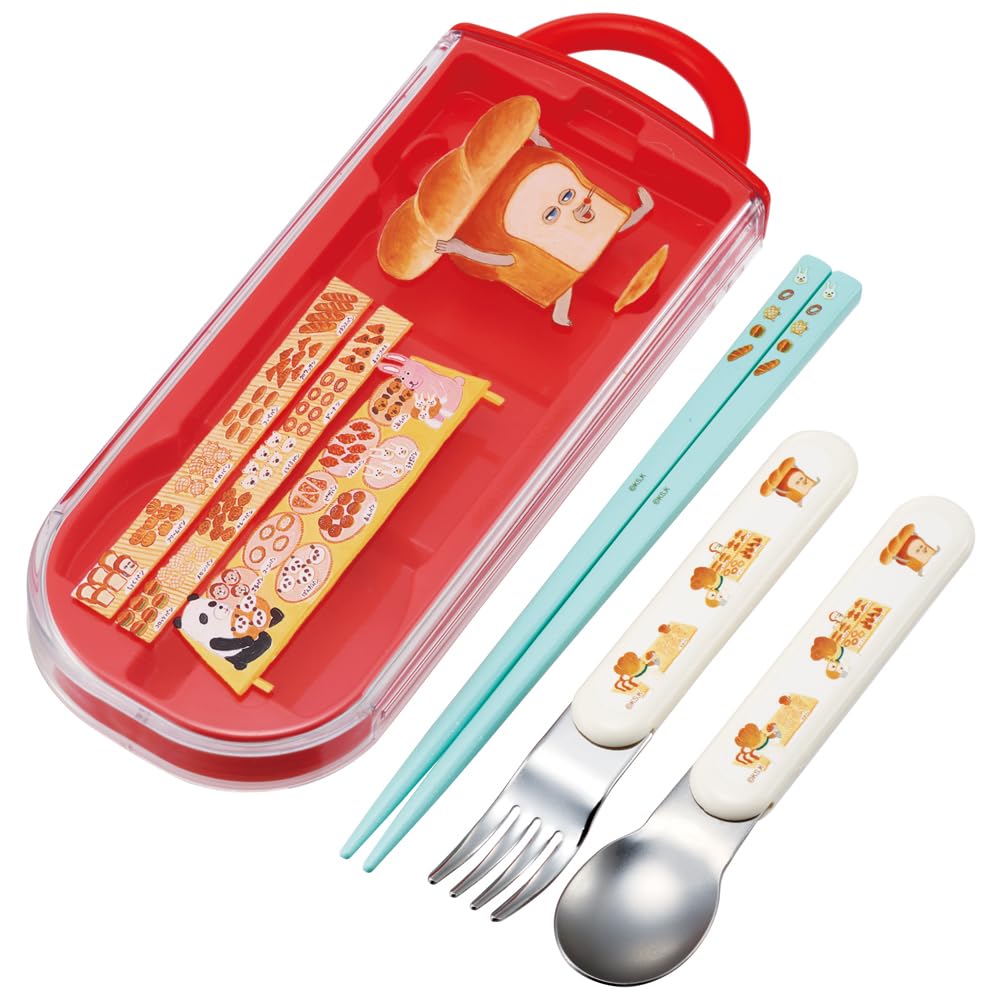 Skater Bento Trio and Antibacterial Made in TACC2AG Kids' Set, Chopsticks, Spoon, Fork, Cutlery, Easy-Open Slide-Open Design, Japan, "Bread Thief"