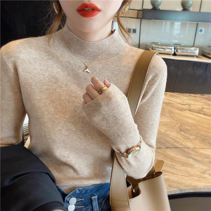 Womens Slim Fit Half Turtleneck Sweater Solid Color Long Sleeve Pullover Top