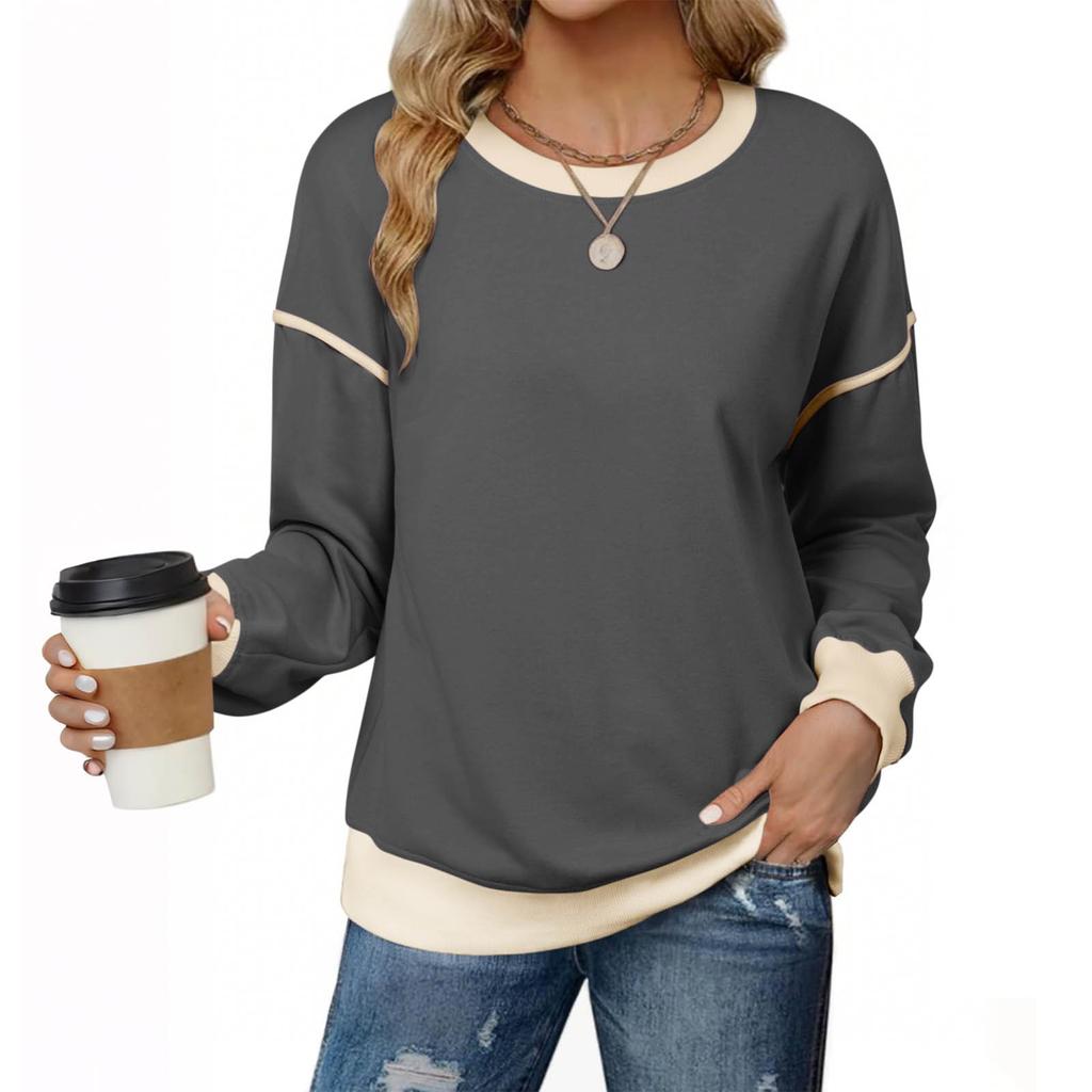 Women's Fashionable Round-Neck Wool Blend Long-Sleeve Color-Blocked Oversized Top