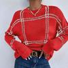 Womens Winter Loose Fit Crew Neck Knit Sweater With Plaid Acrylic Blend Casual Office Wear