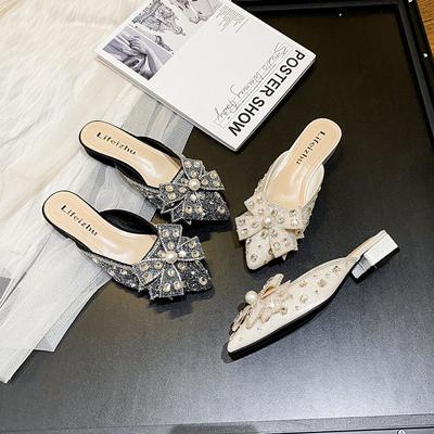 2024 Letné Nové Topánky pre Ženy Nové Papuče Dievča Nádherné Krištáľové Perlové Vonkajšie Ležérne Sandále Dievčenské Podpätky Muly Topánky