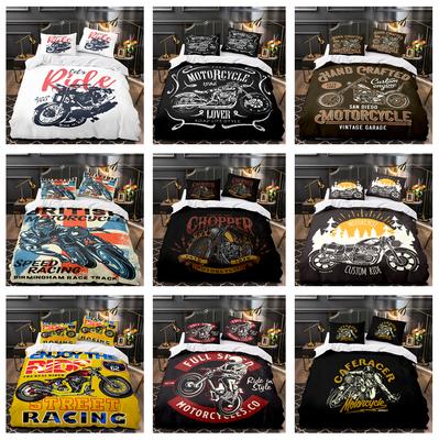 3D Printed Retro Motorcycle Bedding Set for Boys and Men, Down Duvet Cover and Pillowcase 2/3pc, Single Double Bed, All Sizes Duvet Cover Set