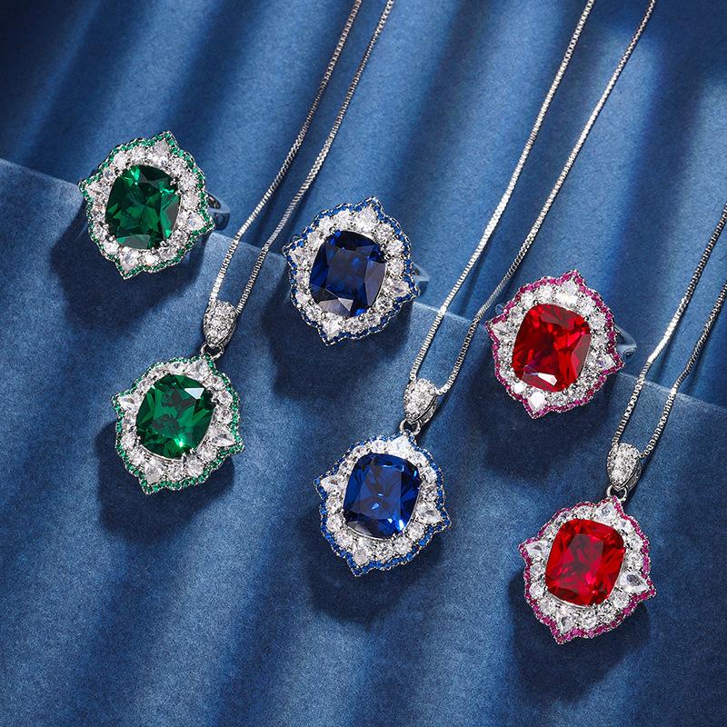 Jewelry Copper Bottom Gold-Plated Simulation Color Treasure Corundum Fat Square Temperament Pendant Set Female 10 * 12