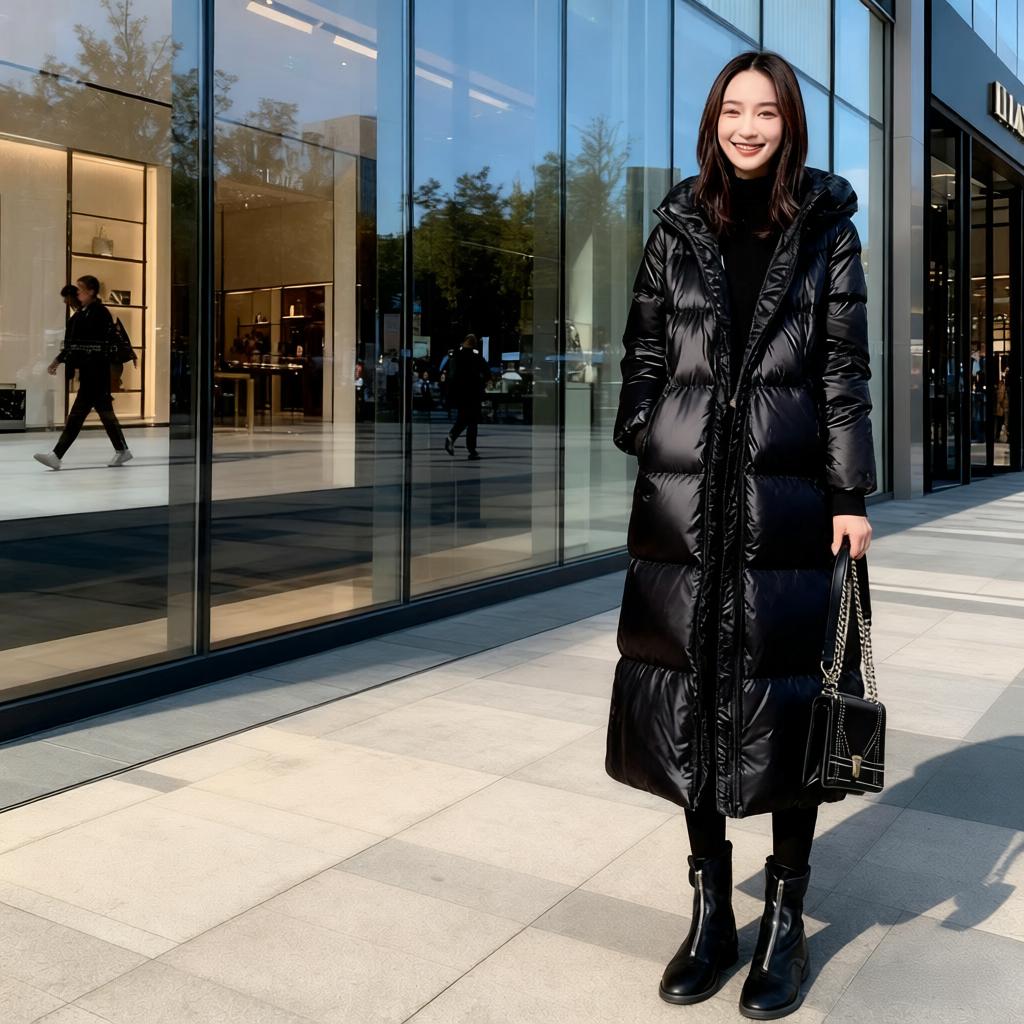 2025 new black cotton coat Korean style long women's cotton coat female thick slim cotton jacket winter skirt