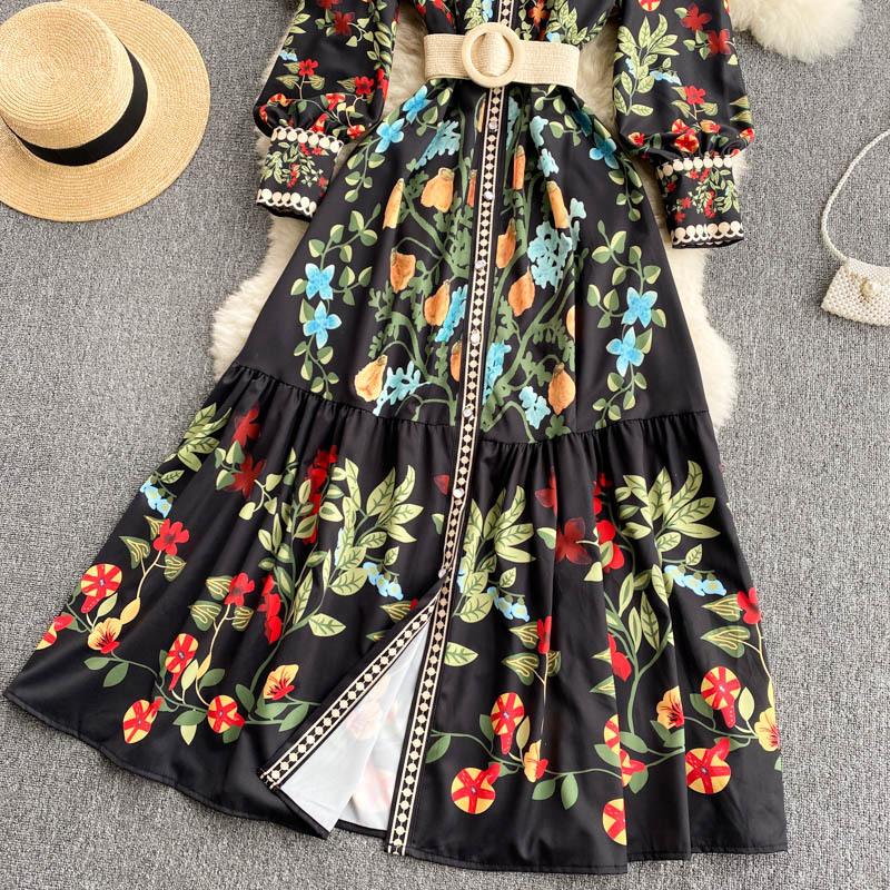Autumn Sashes Flower Print Long Sleeve Dresses Women Button Vintage Maxi Dress Stand Collar Slim Waist Vestidos
