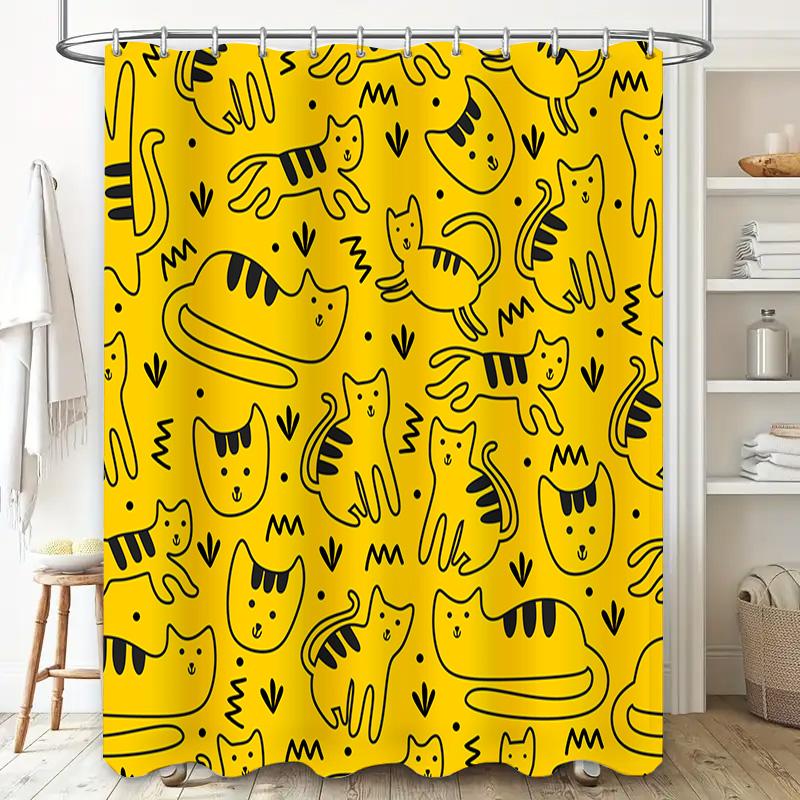 Yellow Cats Pattern Shower Curtain Modern Bathroom Decor Set for Home Decoration in Black White Print Design
